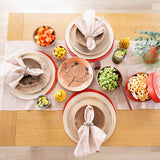 Cotton Table Runner styled with plates palm placemats and ceramic fruit plate with recycled glass. 