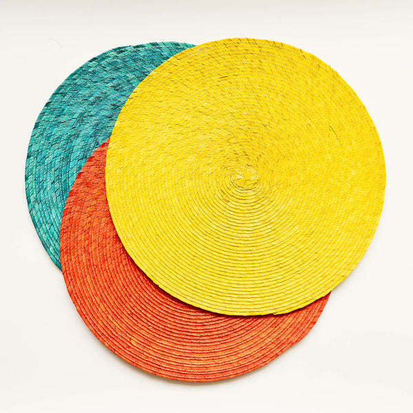 Sustainable Yellow, green, orange, Palm Placemat Round on white background