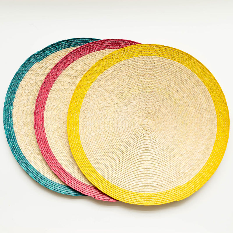Border Accent sustainable Palm Round Placemat in Yellow, pink and green
