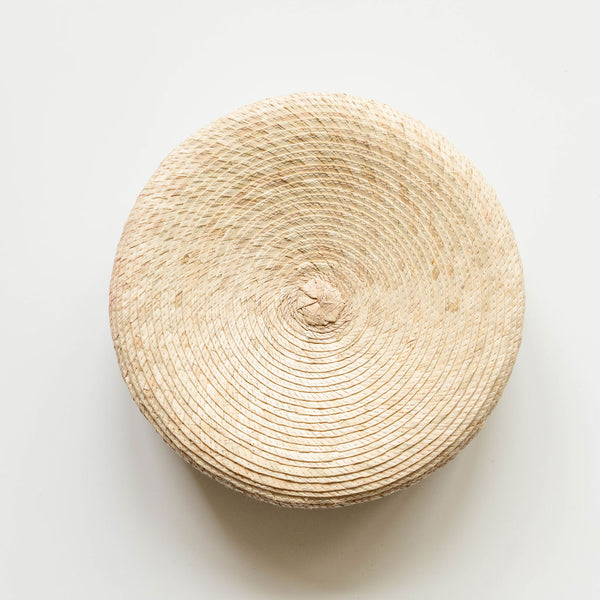 Top view of the round Handwoven Natural Palm Tortilla Warming Basket (tortillero) with Lid 