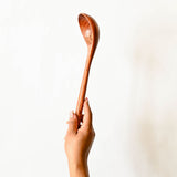 Hand holding a wooden ladle spoon against a white background