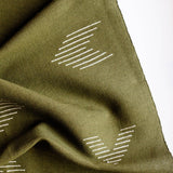 Olive Green cotton hand towel with white geometric patterns on a white background