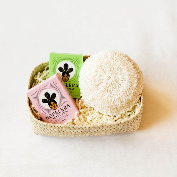 Nopalera Cactus Soap and Agave Body Sponge Gift Set in Palm Basket
