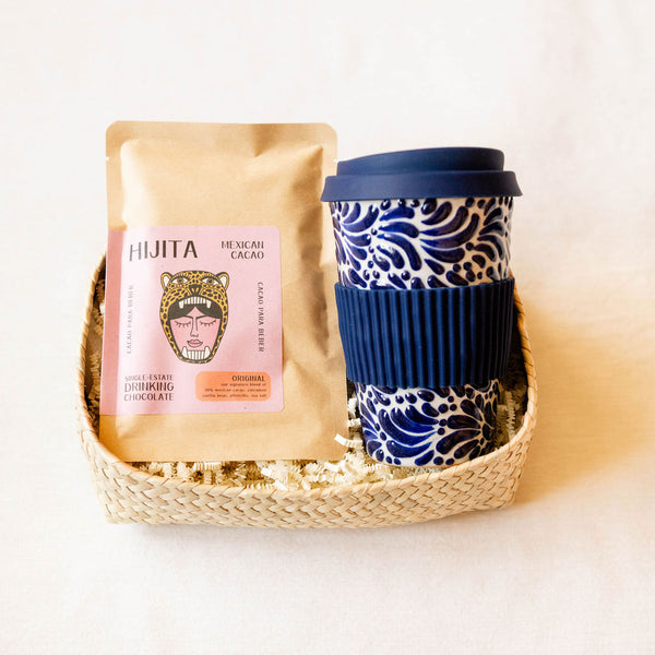 Talavera Tumbler and Oaxacan Drinking Chocolate Gift Basket - Navy