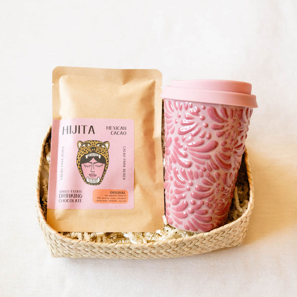 Talavera Tumbler and Oaxacan Drinking Chocolate Gift Basket - Pink
