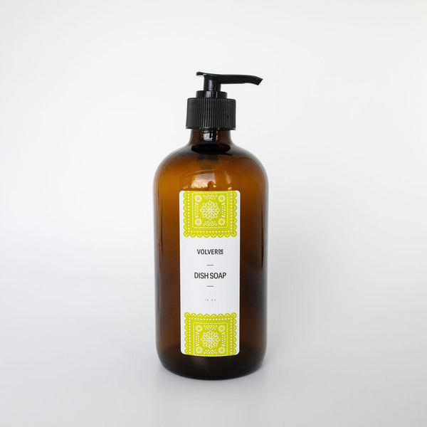 Lemon Eucalyptus biodegradable dish soap refill. This all natural and plant based Dish Soap is effective at removing on dirt and grime but gentle on skin during hand-washing. Our online dish soap refills make reducing plastic easy! Choose from a pre-filled glass bottle or a returnable refill pouch. 16 ounce amber glass dispenser inspired by La Cultura and Latino culture.