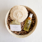 Give the gift of self-care, while doing good for the planet. The Poderosa Gift basket offers a curated selection of best selling, low-waste products from Latina-owned brands, exclusively available at VOLVERde. Includes an agave body sponge that provides gentle, plant-based exfoliation, an Amahu handcrafted soap bar and Sanara Skincare Rosehip Seed Body Oil in handcrafted, artisanal gift basket. Thoughtful, sustainable gifting made easy. 