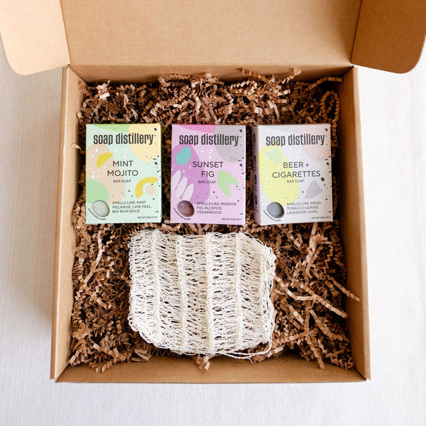 Three Soap Distillery, cocktail-inspired body soaps with agave fiber soap saver bag. Thoughtful, sustainable gifting made easy. Explore our collection of zero-waste gift sets sourced from Latina- and BIPOC-owned brands, beautifully packaged with eco-friendly materials. No single-use plastic packaging here! Amplify the joy of gifting while making a positive impact. Zero-waste bath and body products. 
