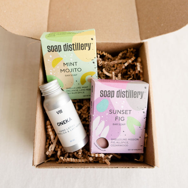 Sustainable Body Care Gift Box includes 2 Soap Distillery soap bars and a lavender body lotion in an elegant gift box.