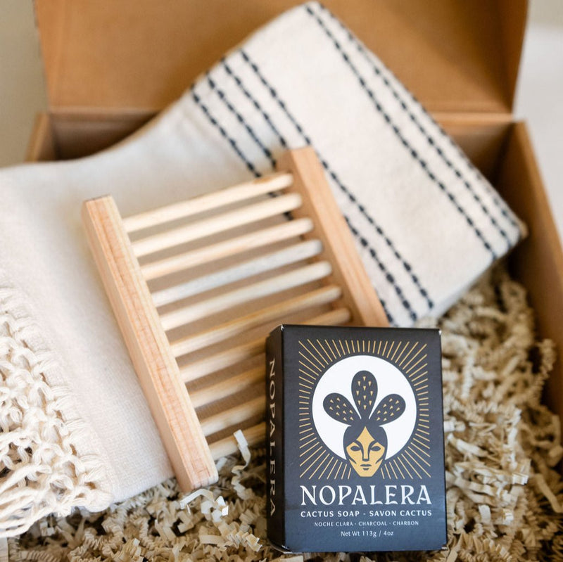 Noche Clara Nopalera Cactus Soap Bar, Wood Soap Dish and Cotton Tea Towel Gift Set