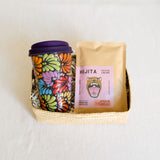 Talavera Tumbler + Oaxacan Drinking Chocolate Tablet Gift Basket – handcrafted ceramic tumbler in rainbow color with intricate Talavera design paired with rich, authentic Oaxacan chocolate tablet for a unique Mexican gift set. Perfect for chocolate lovers and fans of artisanal Mexican crafts.