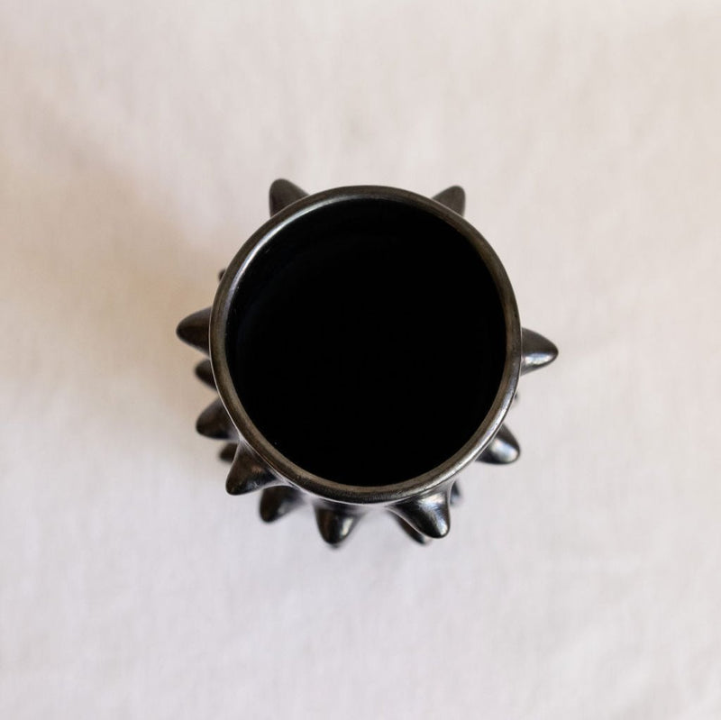 Top view of a handcrafted Spiked Black Clay Vase made from authentic Mexican black clay (barro negro), featuring a bold, modern spiked design. Perfect for contemporary home decor or as a unique artisanal statement piece.