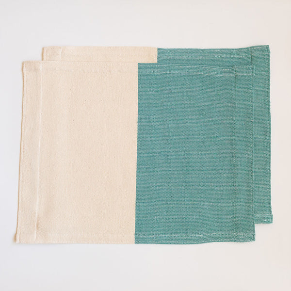 Teal and Neutral Color Block 100% Cotton woven placemat set of two