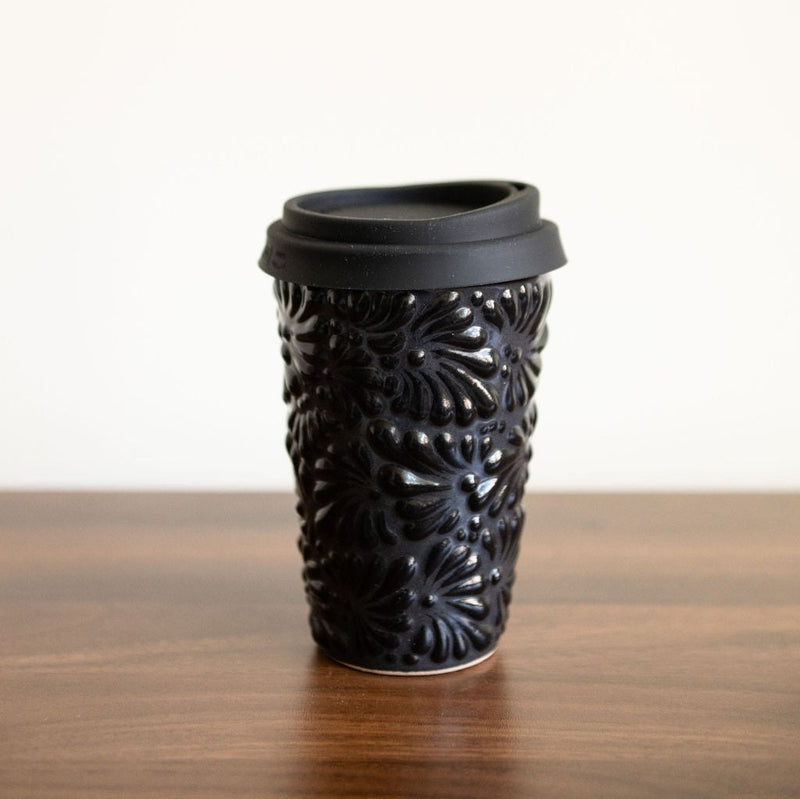 Black Talavera Ceramic Coffee Tumbler  with black silicone lid. Featuring intricate, traditional Mexican designs in bold, fade-resistant colors. Perfect for enjoying hot or cold drinks.