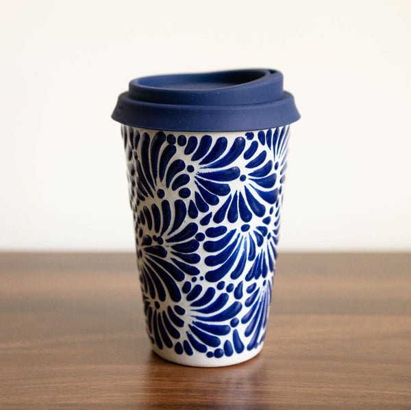 Blue Talavera Ceramic Coffee Tumbler with silicone navy blue lid. Featuring intricate, traditional Mexican ceramics in bold, fade-resistant colors. 