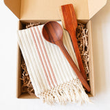 Cinnamon brown cotton Hand Towel & Rosewood Cooking Utensils: spoon and spatula Gift Set