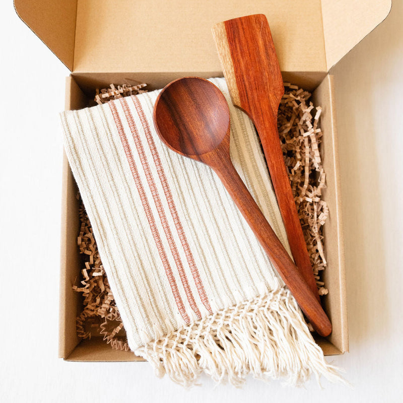 Cinnamon brown cotton Hand Towel & Rosewood Cooking Utensils: spoon and spatula Gift Set