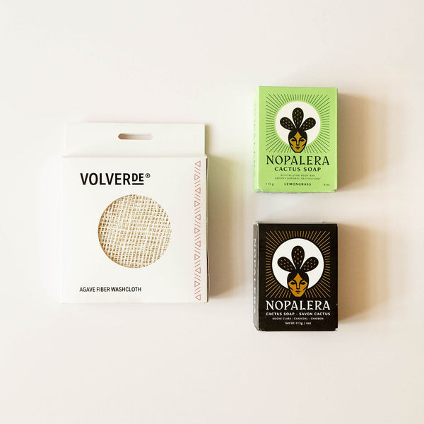 Nopalera Noche Clara, Nopalera Planta Futura and Ayate Agave Washcloth bundle for a zero-waste, Latina-owned bath and body products