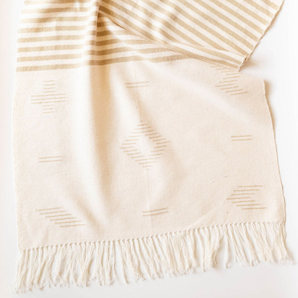 Beige Cotton Hand towel with beige stripes and geometric lines and fringe