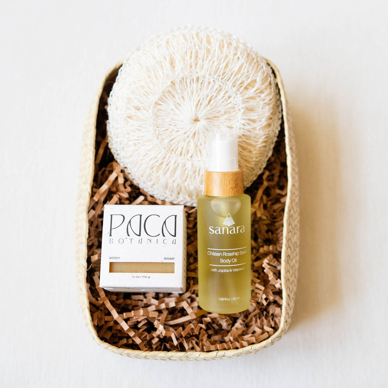 Poderosa Holiday Gift Basket with agave body sponge, body soap bar, and body oil for an ecofriendly gift