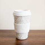 White Talavera Ceramic Coffee Tumbler with silicone white lid. Featuring intricate, traditional Mexican ceramics in bold, fade-resistant colors. 