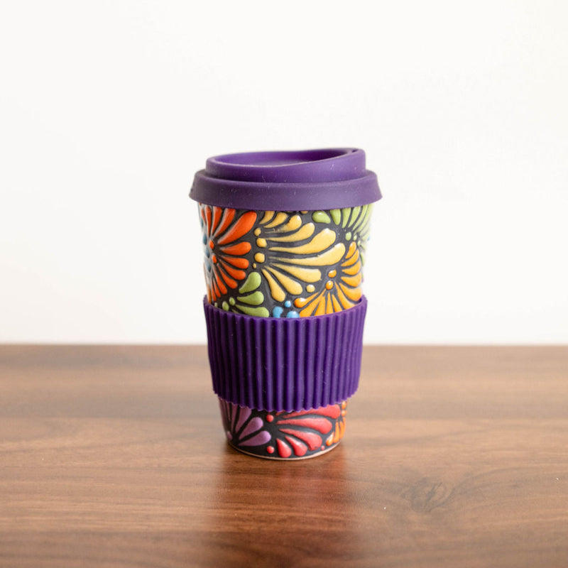 Rainbow Multicolor Talavera Ceramic Coffee Tumbler with silicone purple lid. Featuring intricate, traditional Mexican ceramics in bold, fade-resistant colors. 