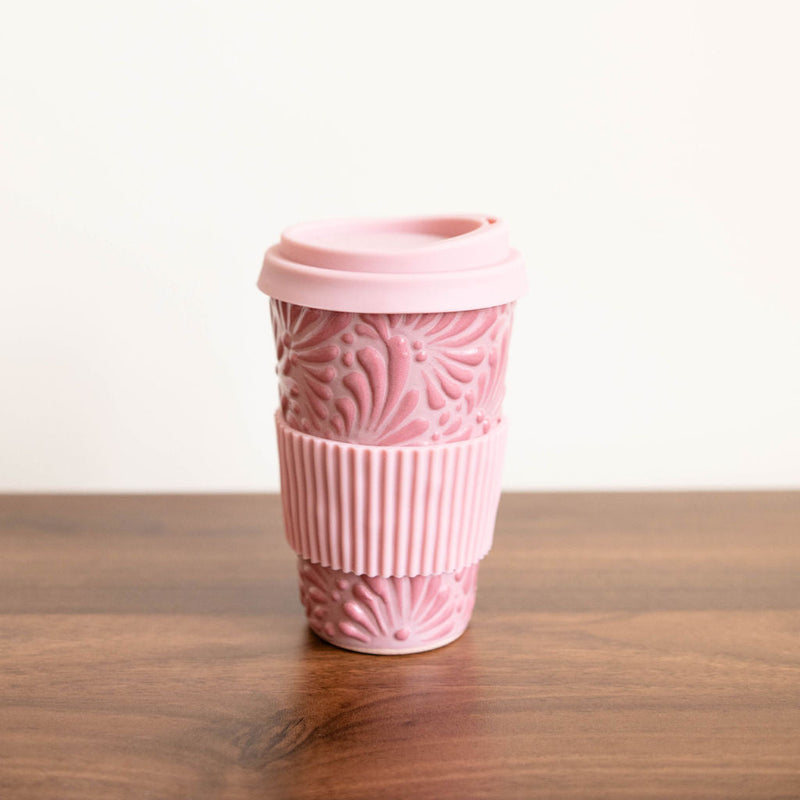 Pink Talavera Ceramic Coffee Tumbler with silicone pink lid. Featuring intricate, traditional Mexican ceramics in bold, fade-resistant colors. 