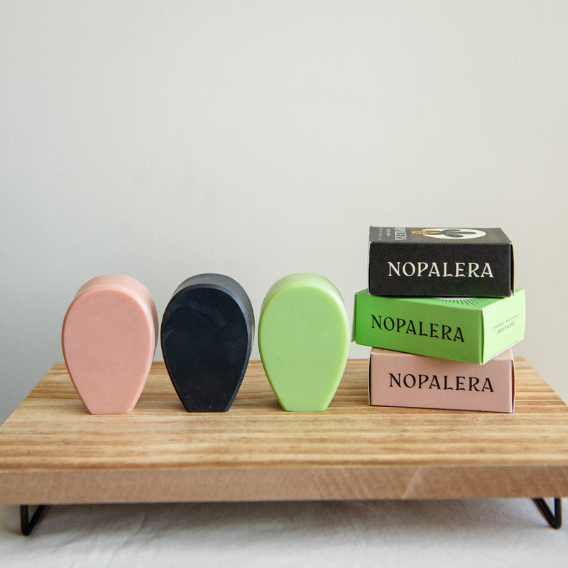 Nopalera Cactus Soap Trio on a wood shelf