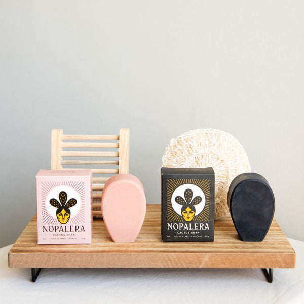 The Nopalera Zero Waste Shower Set is the ultimate package for a luxurious, sustainable, and culturally-conscious shower experience. This set of sustainable goods will help you eliminate single-use plastic from your shower routine, while supporting artisans and Latina-owned businesses. Includes everything you need for a sustainable shower: cactus soap bars, compostable soap dish and agave fiber body sponge.