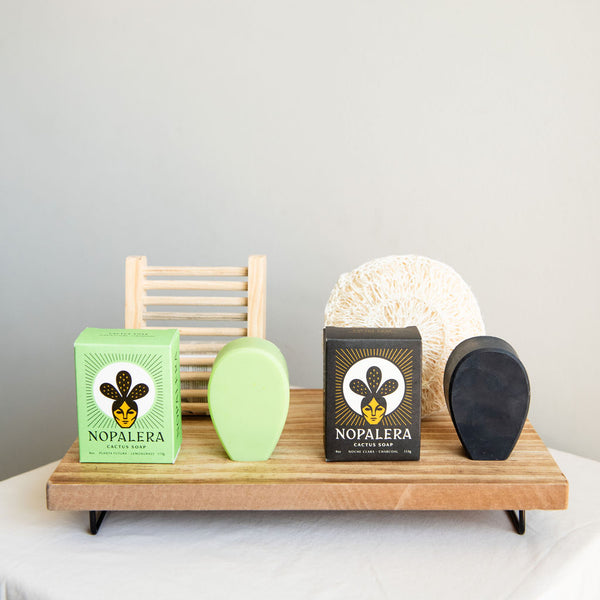 The Nopalera Zero Waste Shower Set is the ultimate package for a luxurious, sustainable, and culturally-conscious shower experience. This set of sustainable goods will help you eliminate single-use plastic from your shower routine, while supporting artisans and Latina-owned businesses. Includes everything you need for a sustainable shower: cactus soap bars, compostable soap dish and agave fiber body sponge.