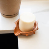 Soap bar in a terracotta ceramic soap dish on a white surface with a blurred background