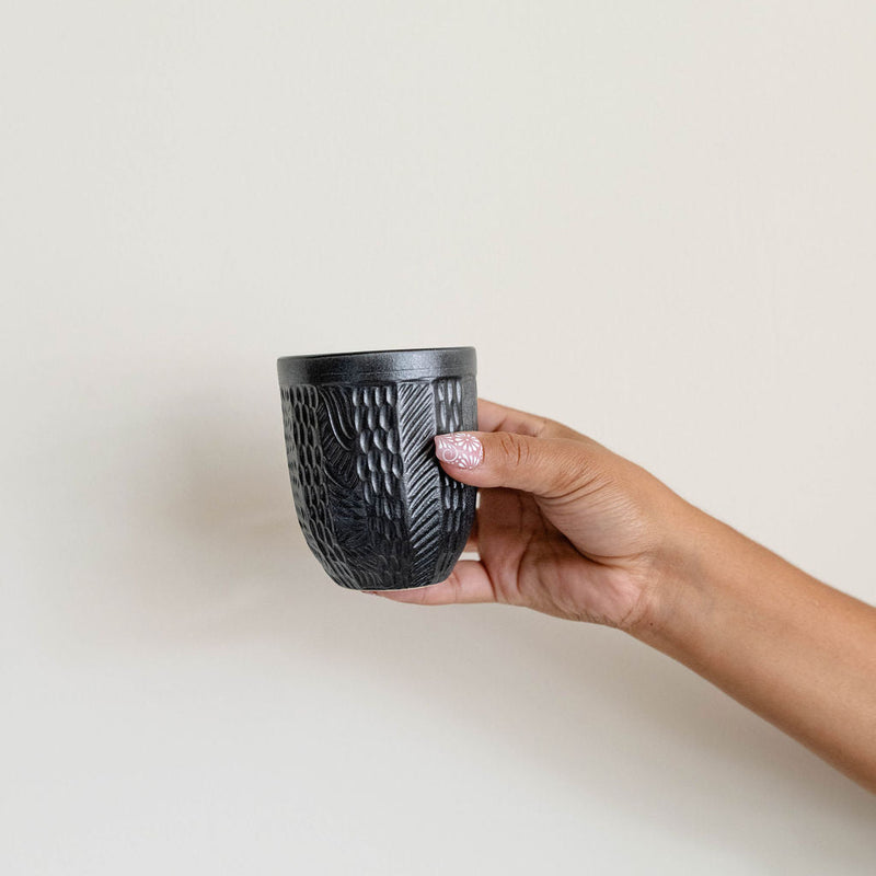 Black Etched Ceramic Cups with Turquoise Interior - Lines