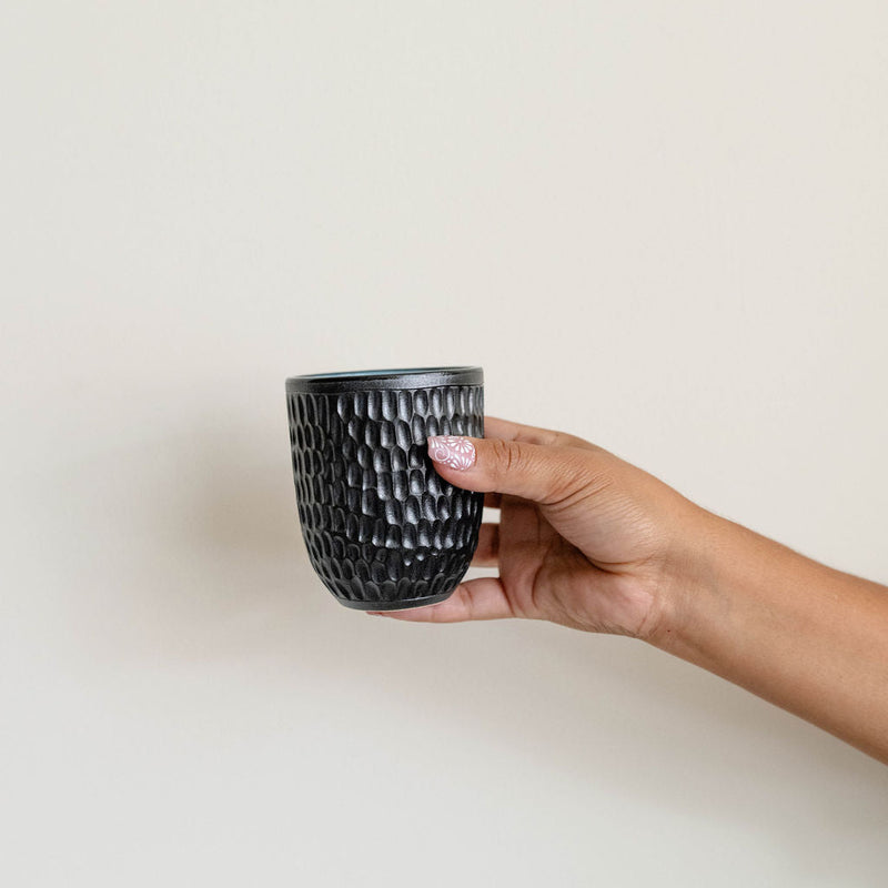 Black Etched Ceramic Cup with Turquoise Interior - Hammered