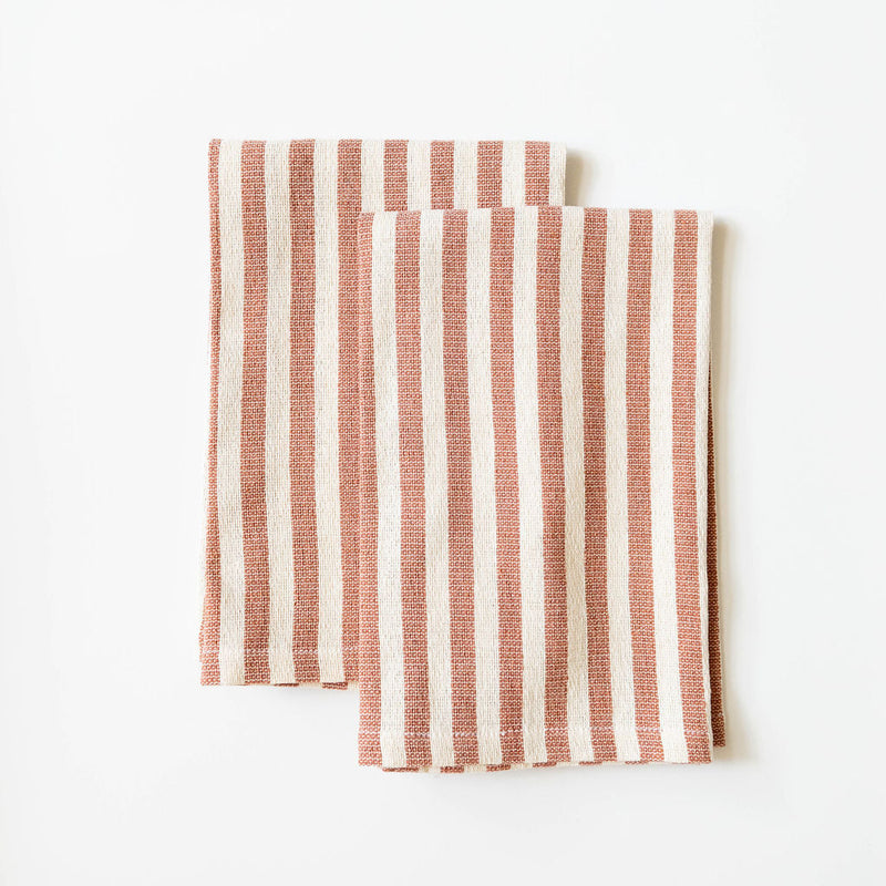 Two Striped fabric with cinnamon brown and white pattern on a white background