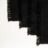 Black napkin and placemat with frayed edges on a white background