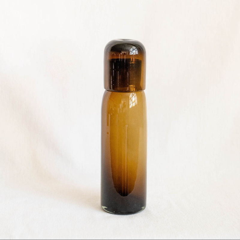 Handblown Glass Bedside Carafe in Chocolate Brown with a lid that acts as a cup