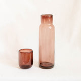 Handblown Glass Bedside Carafe in Amethyst Brown with a lid that acts as a cup