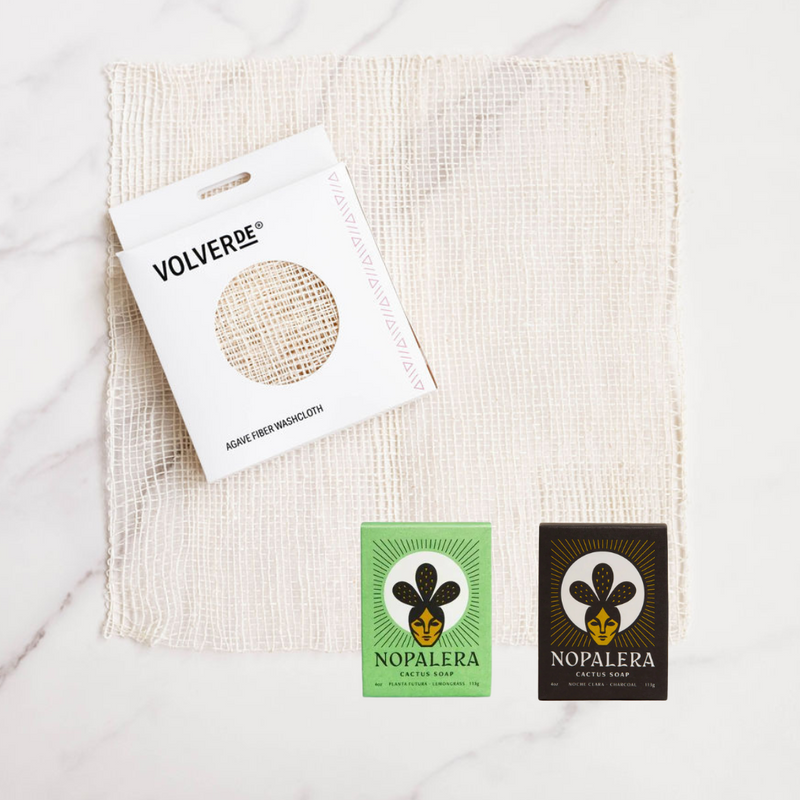 Nopalera Noche Clara, Nopalera Planta Futura and Ayate Agave Washcloth bundle for a zero-waste, Latina-owned bath and body products