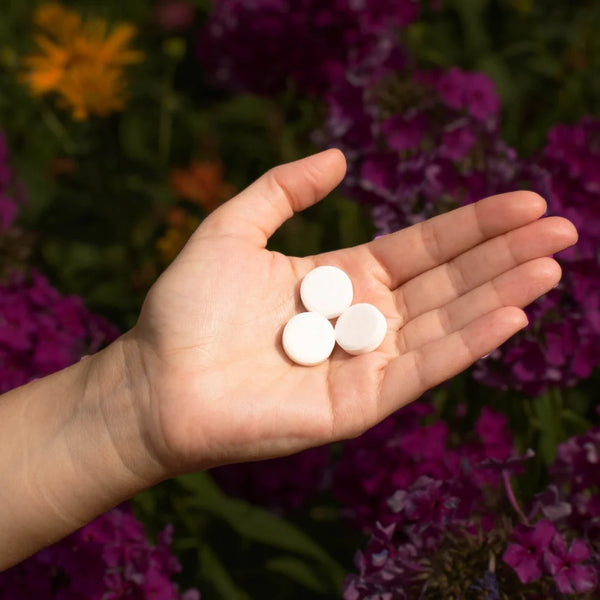 Green Llama Eco-Friendly Glass Cleaner Refill Tablets held in hand with flowers in background