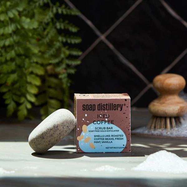 Iced Coffee Scrub Bar - soap free solid exfoliator. This gentle but effective body scrub bar uses real ground coffee to buff away dead skin cells and reveal softer skin in minutes. Time to show off your new soft and refreshed skin.
