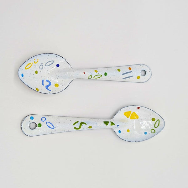 Malte Taller Peltre Enamelware Spoons Hand painted with Modern Mexican confetti Designs - Set of 2
