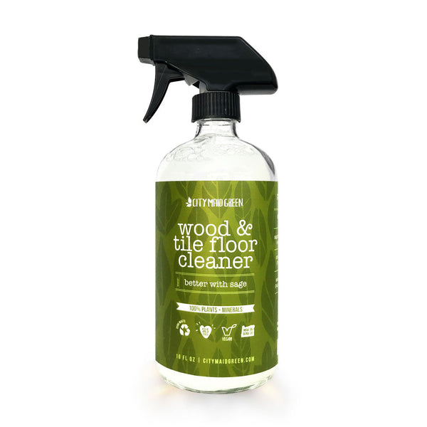 City Maid Green Refillable Natural Vegan Non-Toxic Wood & Tile Cleaner in a glass spray bottle. Sage Scent. 