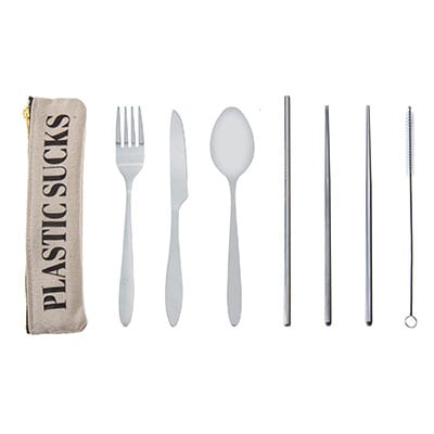 Stainless steel 7-piece plastic free cutlery set and storage pouch with Mandala design