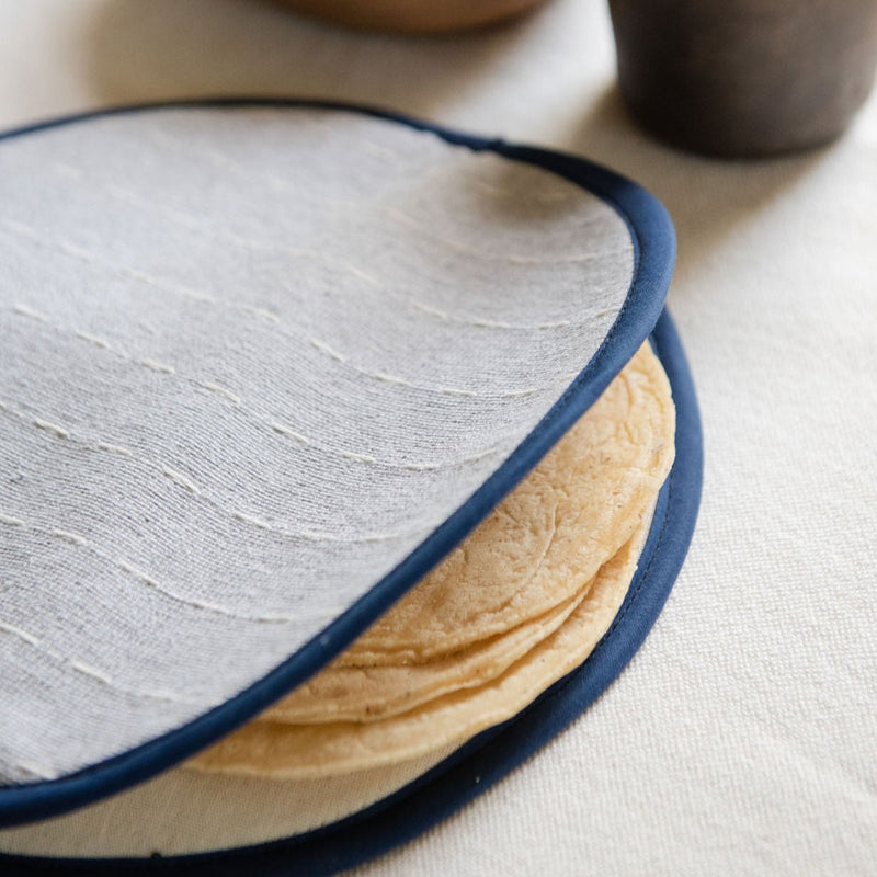 handwoven navy blue rim tortilla warmer