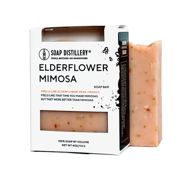 Zero-waste body soap by black-owned, chicago-based Soap Distillery. Elderflower liqueur makes even the blandest cocktail upscale. Our elderflower mimosa soap bar has a mild honeyed citrus fragrance with a white floral hint. Elderflower Mimosa Soap Bar packaged plastic-free