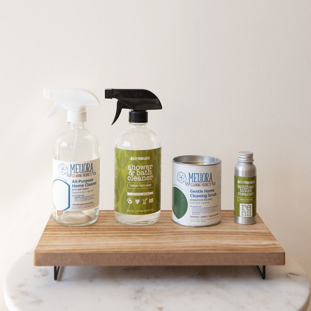 The Señora Bathroom Cleaning Kit is the ultimate solution for maintaining a clean and hygienic bathroom. This kit includes all the essential tools and cleaning agents needed to tackle tough stains and grime in your bathroom. Includes: Meliora Refillable All Purpose Spray, City Maid Green Shower & Bath Cleaner, Refillable antibacterial toilet cleaner, and gentle home cleaning scrub. This set is exclusively sourced from women-owned small businesses. 