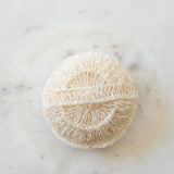 Agave Body Sponge on marble counter in bathroom. This artisanal, handcrafted, plant-based sponge is the perfect swap to reduce your plastic footprint and leave your skin glowing.