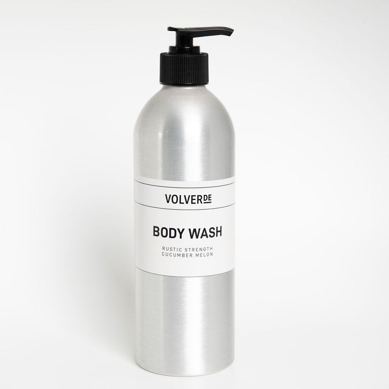 Refillable Body Wash in Cucumber Melon Scent in Aluminum Pump Bottle with Black Pump