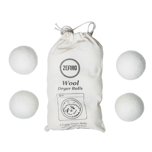 Set of 6 Zefiro's large, premium wool dryer balls. Ditch the toxic chemicals and single-use plastic in your laundry routine and swap for these premium wool dryer balls, which have the added benefit of reducing drying time (and saving energy and money!). 