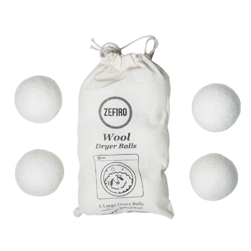 Set of 6 Zefiro's large, premium wool dryer balls. Ditch the toxic chemicals and single-use plastic in your laundry routine and swap for these premium wool dryer balls, which have the added benefit of reducing drying time (and saving energy and money!). 